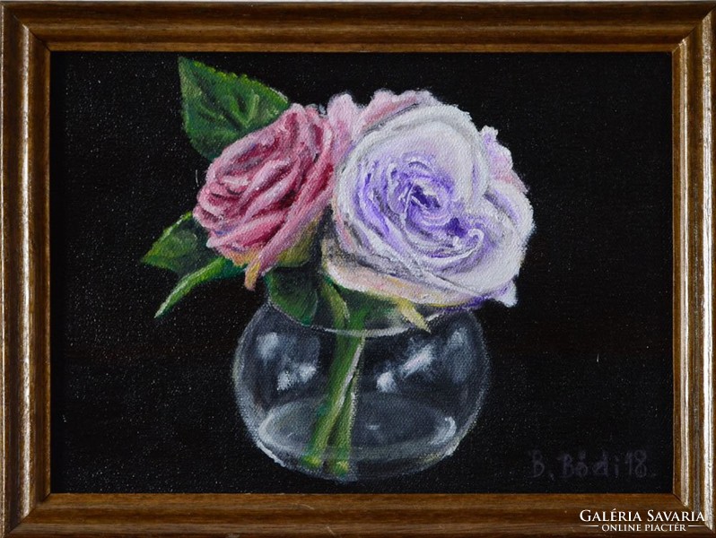 Miniatűr olajfestmény, Rózsák, csendélet, keretben. 17,5x12,5 cm