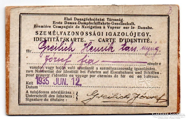 Első Dunagőzhajózási Társaság Személyazonossági igazolójegy 1934 