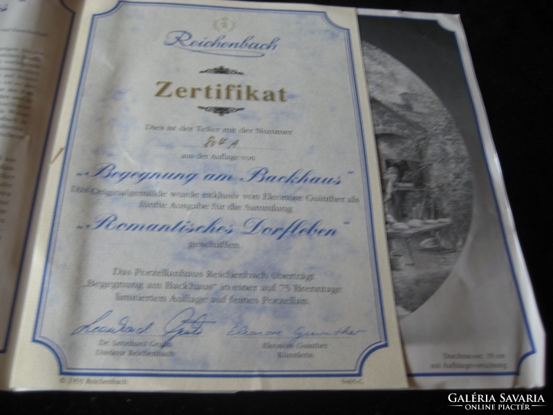 Reichenbach porcelán , falitányér , az eredetiséget igazoló certifikáttal ,19,5 cm