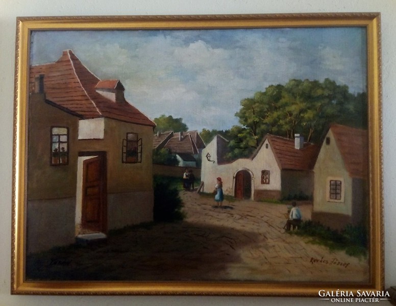 Kovács József kortárs falusi utcakép, olaj-vászon