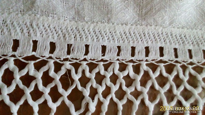 Antique, monogrammed snow-white, damask tablecloth, 160 x 160 cm + the fringe