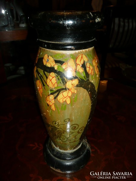 Nagyon régi, antik, fából készült kézzel festett keleti (japán?) váza