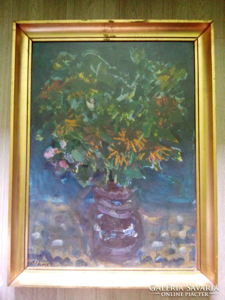Uhrig Zsigmond - Csendélet virágokkal - olaj / farost festmény képcsarnokos nagy méretű