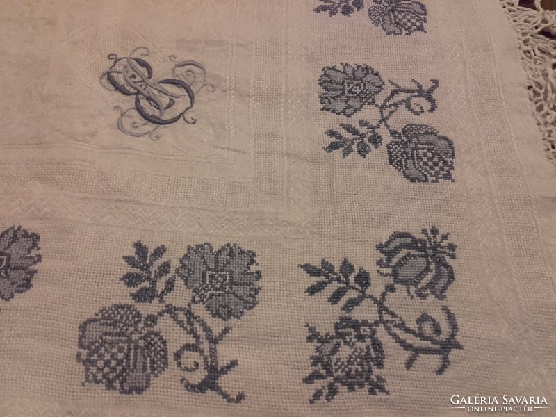 Beautiful antique vintage blue tablecloth decorated with hand-embroidered monogram 126 x 130 cm + fringes