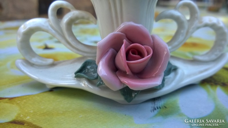 Ens porcelán gyertyatartó párban -rózsa dísszel -ajándékba is