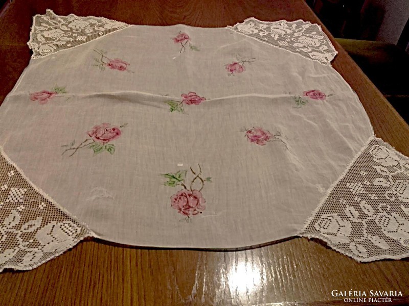 Antique, very beautiful rosy muslin tablecloth with lace corners 67 x 67 cm