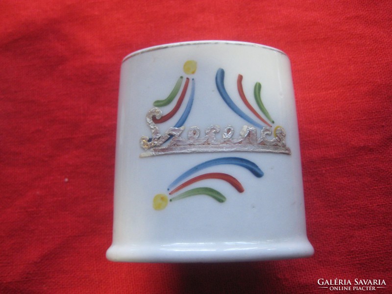 Zsolnay, retro, bowl and holder, with inscription luck, 7 x 5 and 5.5 x 5.5 cm