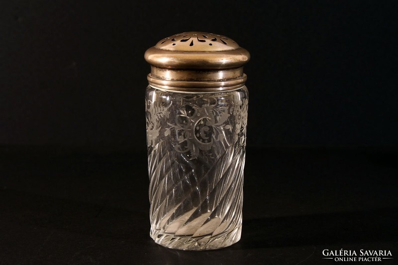 Silver top twisted engraved glass sugar shaker 13cm salt shaker spice holder cut crystal 800 antique