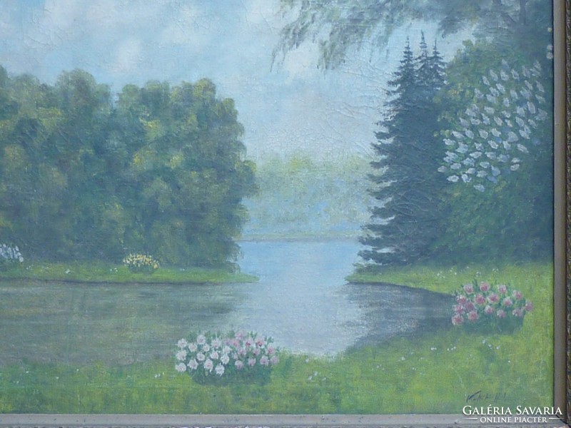 Eladó volt nagybányai tanítvány Kollerich István: Park a tóparton olajvászon festménye