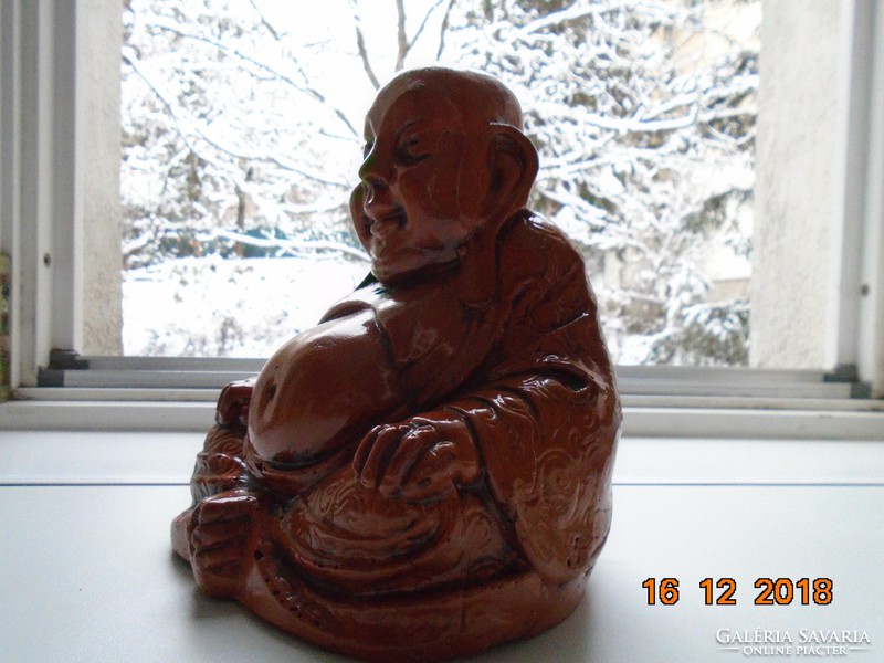 Sárkányos palásttal,meditáló Buddha,mázas vörös agyag (Yixing ?)-18,5x15x13,5 cm