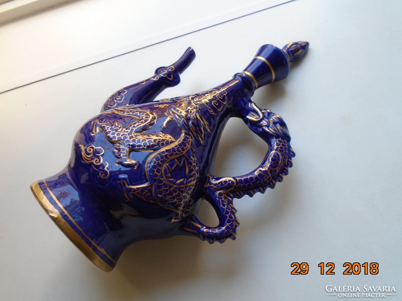 With hand-painted gold, convex-crested dragons, cobalt blue oriental spout-30 cm