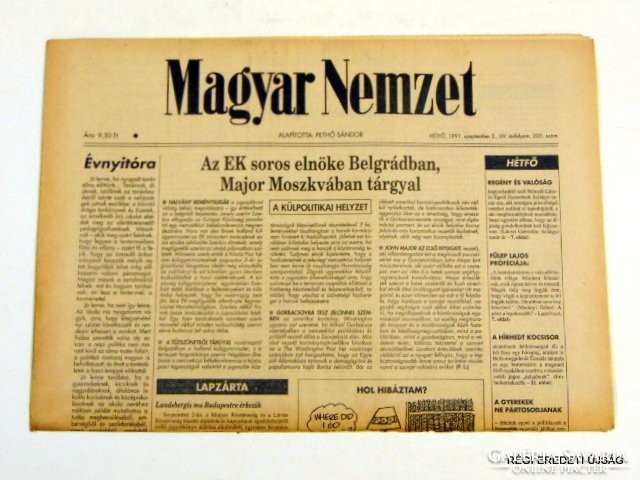 1991 szeptember 2  /  Magyar Nemzet  /  SZÜLETÉSNAPRA RÉGI EREDETI ÚJSÁG Szs.:  7170
