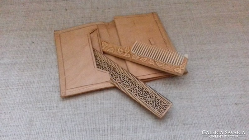 Retro handmade leather wallet with matching comb and gift bookmark all in one