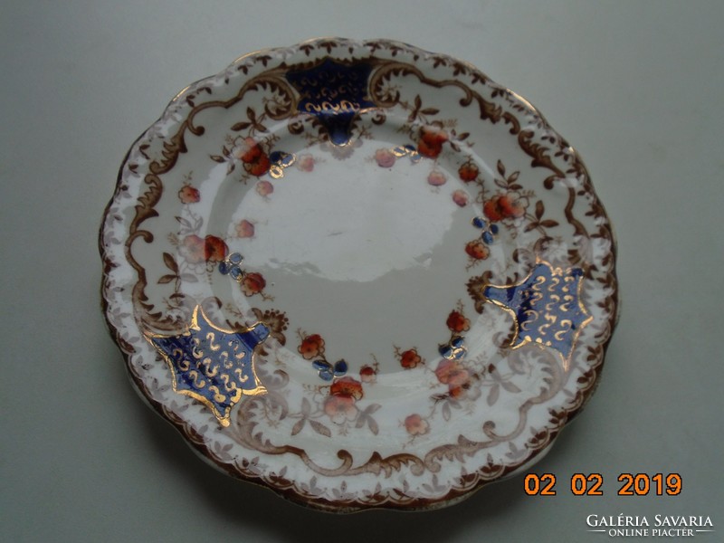 19.sz angol kézzel festett kobalt arany pajzs mintás,virágmintás,dombormimtás tányér készlet 6 db ,