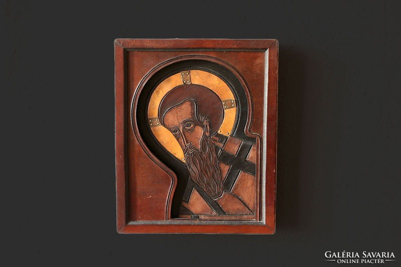 Szent Pál - bőr borítású ikon réz rátéttel 23,5x19x3,5cm Péter