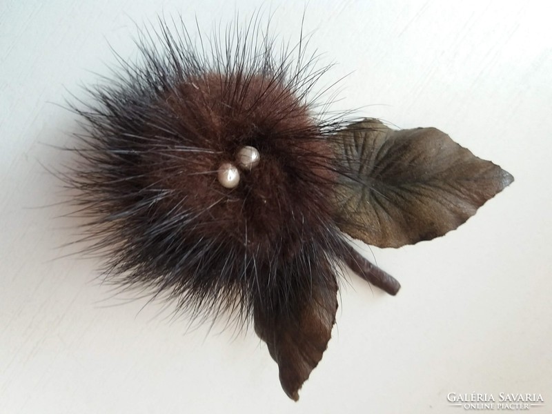 Handmade leather and mink fur rose brooch studded with pearls