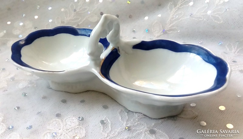 Old czech epiag sauce bowl and salt shaker with blue gold stripe