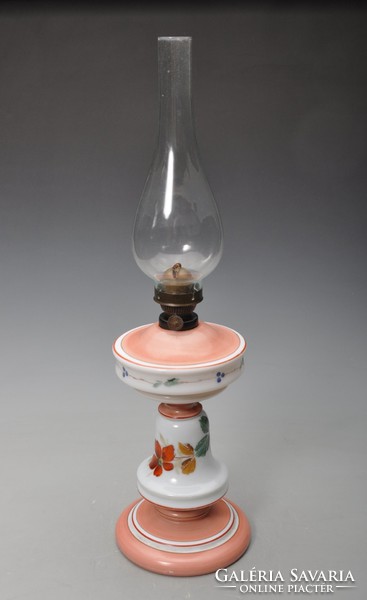 Antique large milk glass, - broken huta glass kerosene lamp, works.