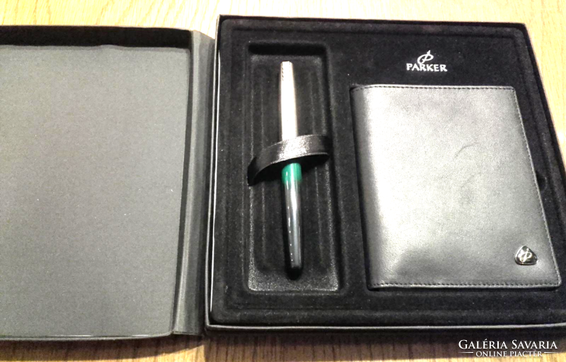 Parker frontier ballpoint pen 50%-50% gold and titanium with hanger, black leather strap in gift box