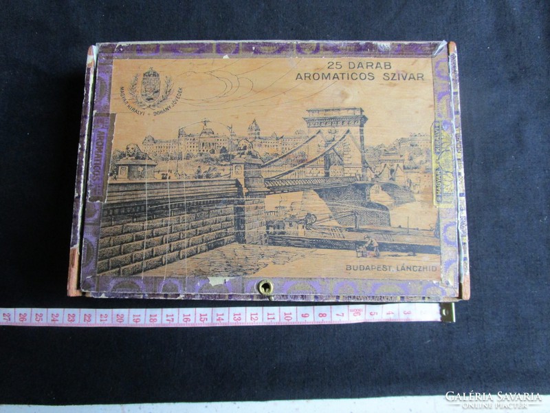 Budapest chain bridge large wooden gift box advertising Hungarian king tobacco excise marked tobacco factory