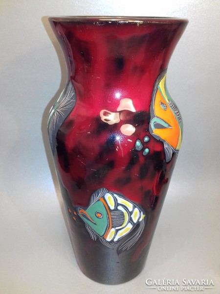 Luigi Santi Riccione vérvörös kerámia váza hal mintás fat lava