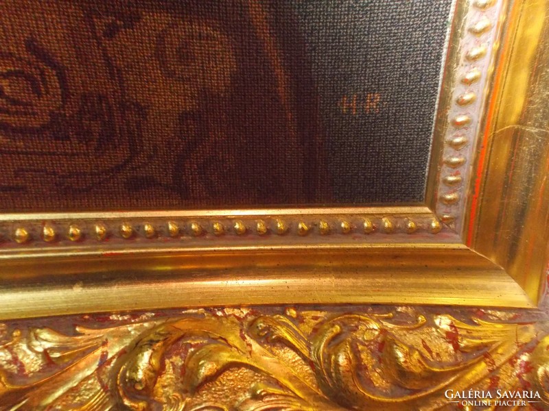 Dreamy huge antique needlework tapestry in fire gold blondel frame