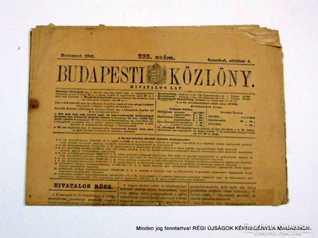 1941 október 4  /  BUDAPESTI KÖZLÖNY  /  Régi ÚJSÁGOK KÉPREGÉNYEK MAGAZINOK Szs.:  9033