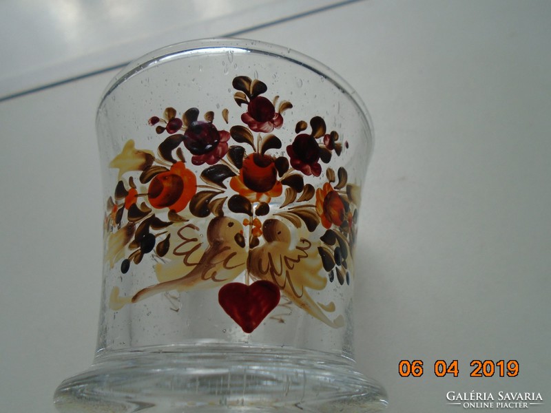 Biedermeier hand painted flower, bird, heart pattern, bubble craft glass