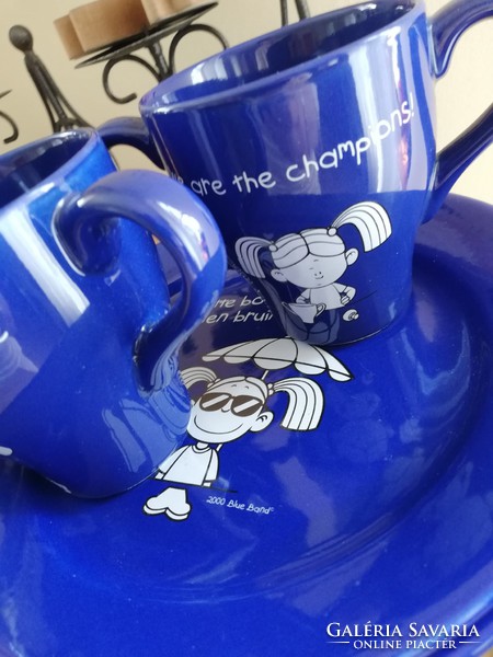 Cheerful children's figure blue breakfast sets 2 mugs + 2 plates