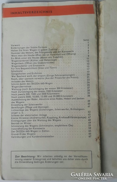 Skoda 440 kezelési és javítási könyv németül, 72oldal,1957 kiadás,gerinc szakadt, mérete:11cmX20cm