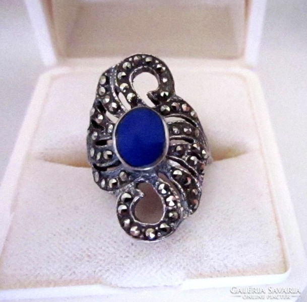 Old silver ring with lapis and marcasite decoration, size 6