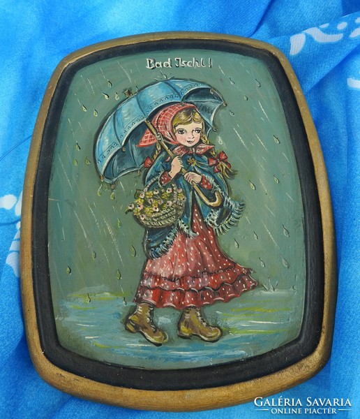 Souvenir from Bad Ischl: hand-painted old picture on wood: little girl in the rain