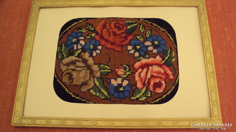 Antique, rose-patterned tapestry picture, in a passe-partout - (carved frame, protected by glass)