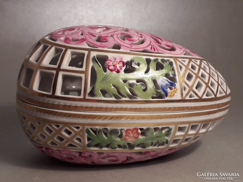 Antik Herendi porcelán áttört tojás alakú bonbonier
