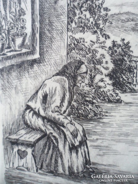 Farkas Rozália rézkarc falurészlet padon ülő asszony 25x35 cm keret nélkül