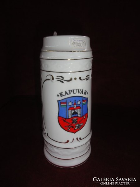 Hollóház porcelain beer mug, 20.5 cm high (picture depicting a gate castle). He has!