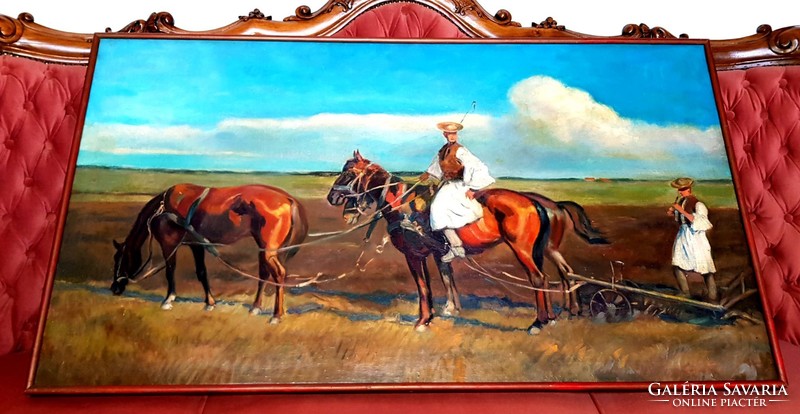 Béla Juzkó - spring plowing c. Oil painting 125x70cm