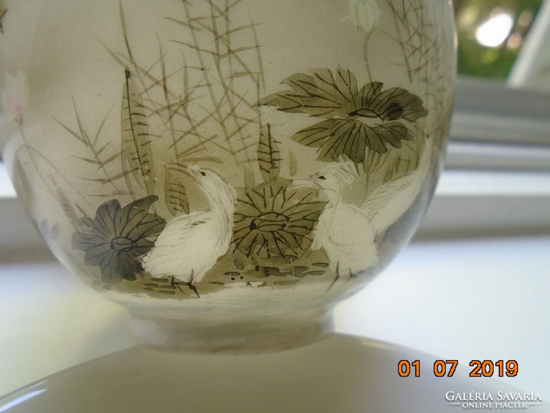 Kutani painting-like landscape with colorful water birds special eggshell cup and saucer