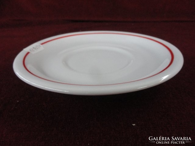 Zsolnay porcelain teacup coaster with red stripe. He has!
