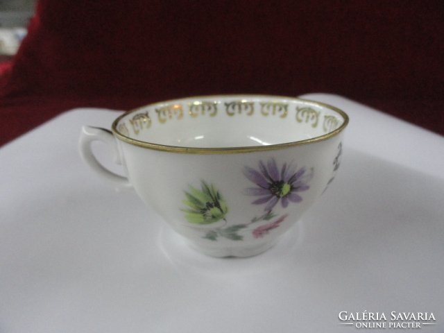 Porcelain coffee cup with German inscription. With a gold border and beautiful flowers in three colors. He has!