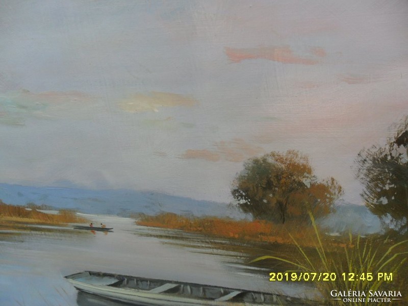 Hornyik Zoltán: Csónak vizparti táj olaj festmény