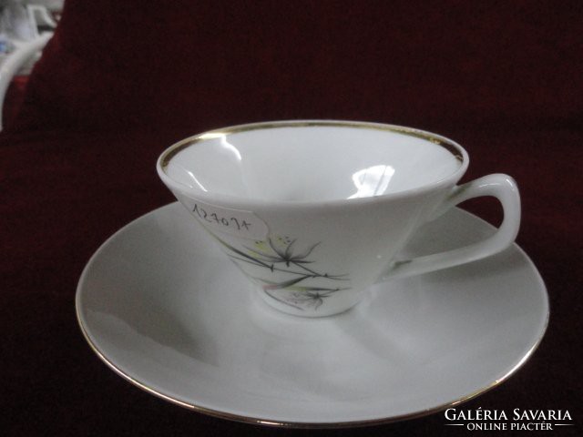 Jarolina Polish porcelain coffee cup + saucer. Gold border with yellow/pink flower. He has!