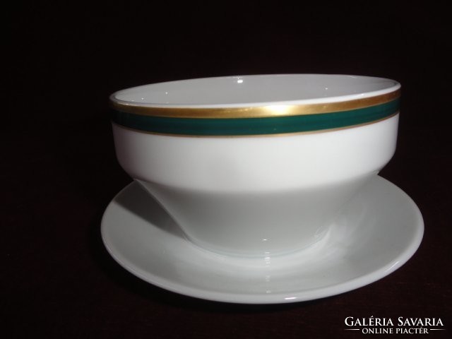 Mz Czechoslovak porcelain sauce bowl with placemat. Snow white base green / gold border. He has