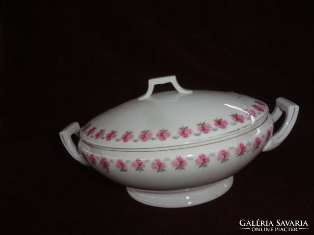 MZ Csehszlovák porcelán leveses tál, antik. Hófehér alapon rózsaszín virágmintával. Vanneki!