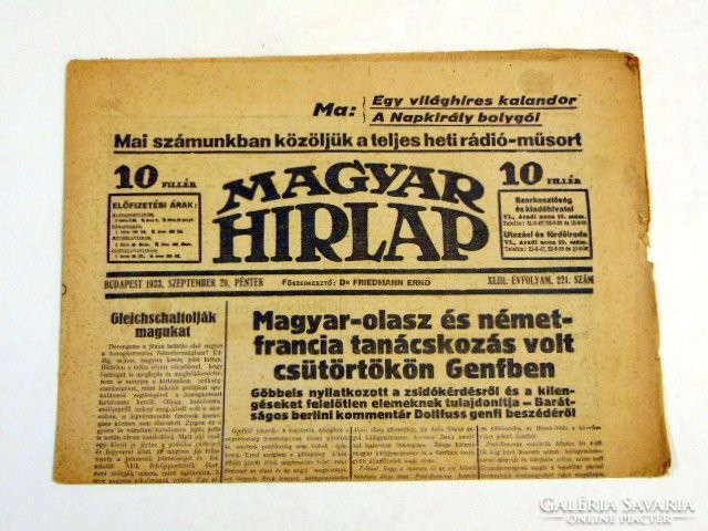 1933 szeptember 29    /  MAGYAR HIRLAP  /  RÉGI EREDETI ÚJSÁG Szs.:  7153