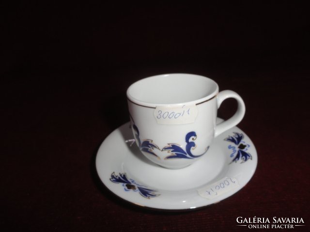 Kalocsai porcelain hand-painted coffee cup + coaster. Cobalt blue pattern. He has!