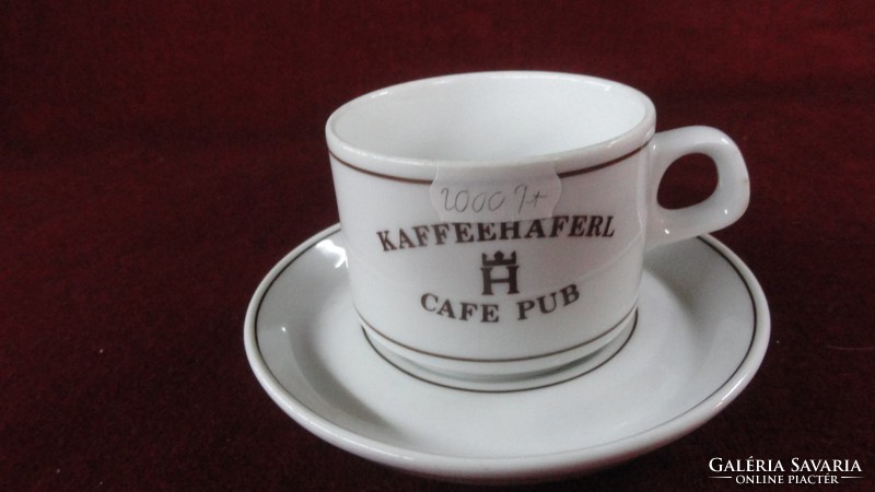 Lilien Austrian porcelain coffee cup + saucer, Kaffee haferl cafe pub inscription. He has!