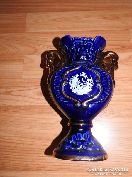 Cobalt blue - gold painted baroque Cupid scene Italian two-eared vase