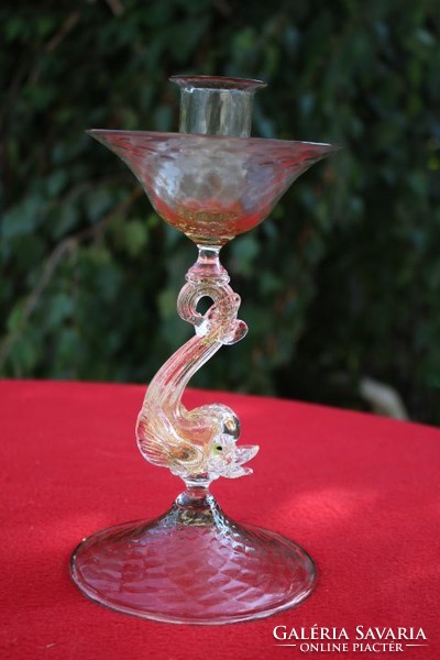 Murano glass candlestick with dolphin ornament. Venetian glass !! Blown glass masterpiece !!