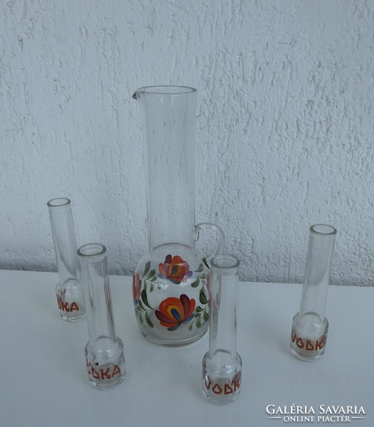 Blown and hand-painted Kalocsa patterned bottles with cups